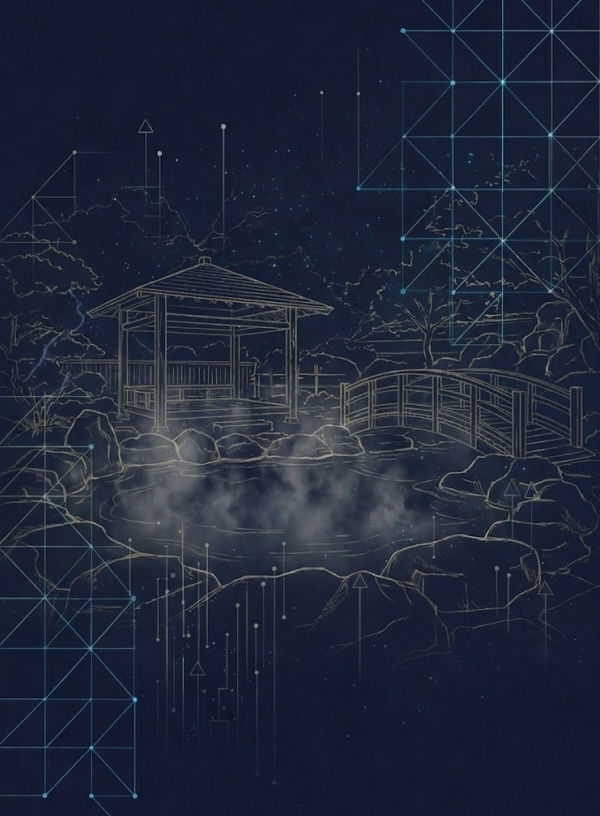 露天風呂の線画イラスト。湯気の立つ湯船に東屋と橋が寄り添う。