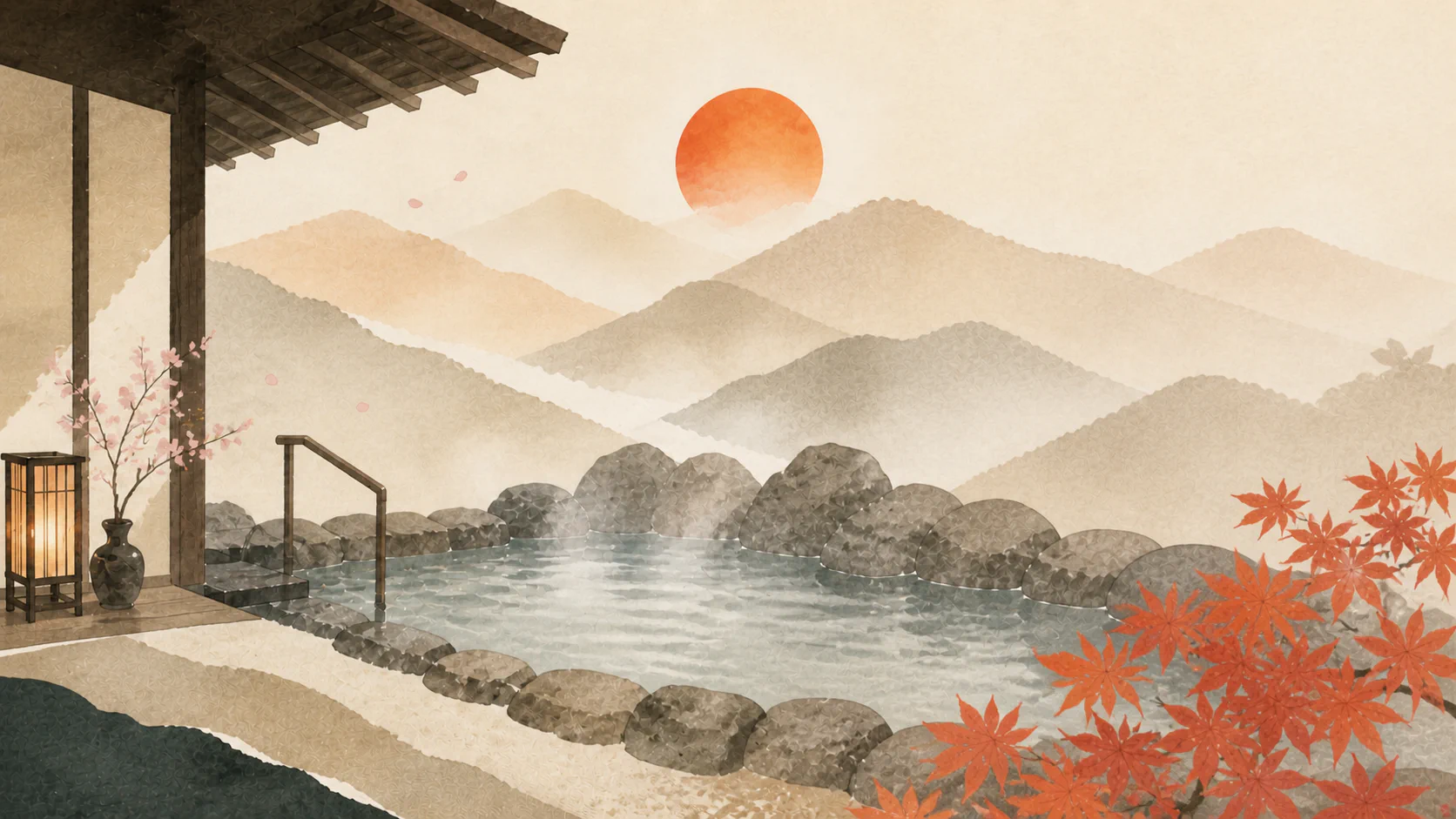 夜の旅館を線画で描いたイラスト。データの光点と線が重なる。